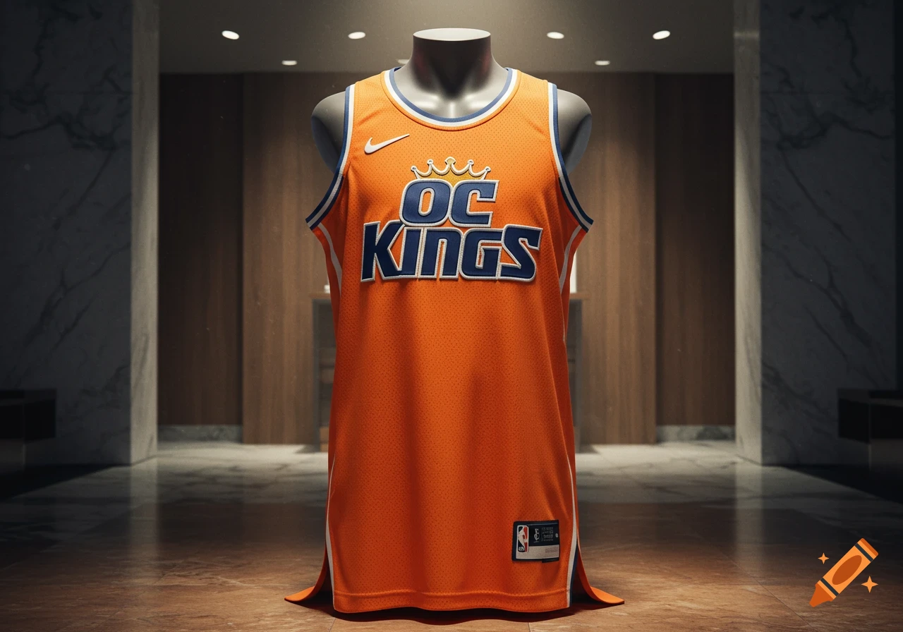 An orange and blue 'OC Kings' basketball jersey on a mannequin in a modern, marbled room.