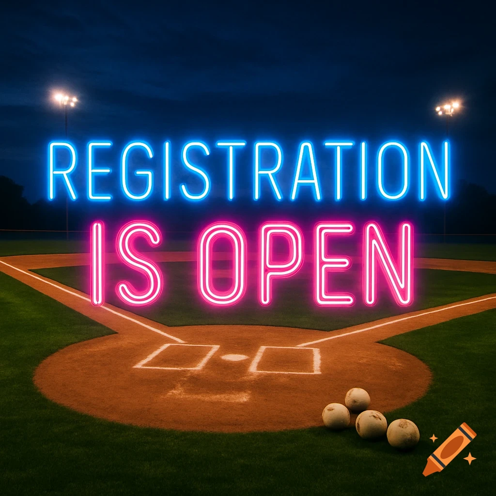 A baseball field at night with glowing neon text 'REGISTRATION IS OPEN' over home plate, stadium lights in background.
