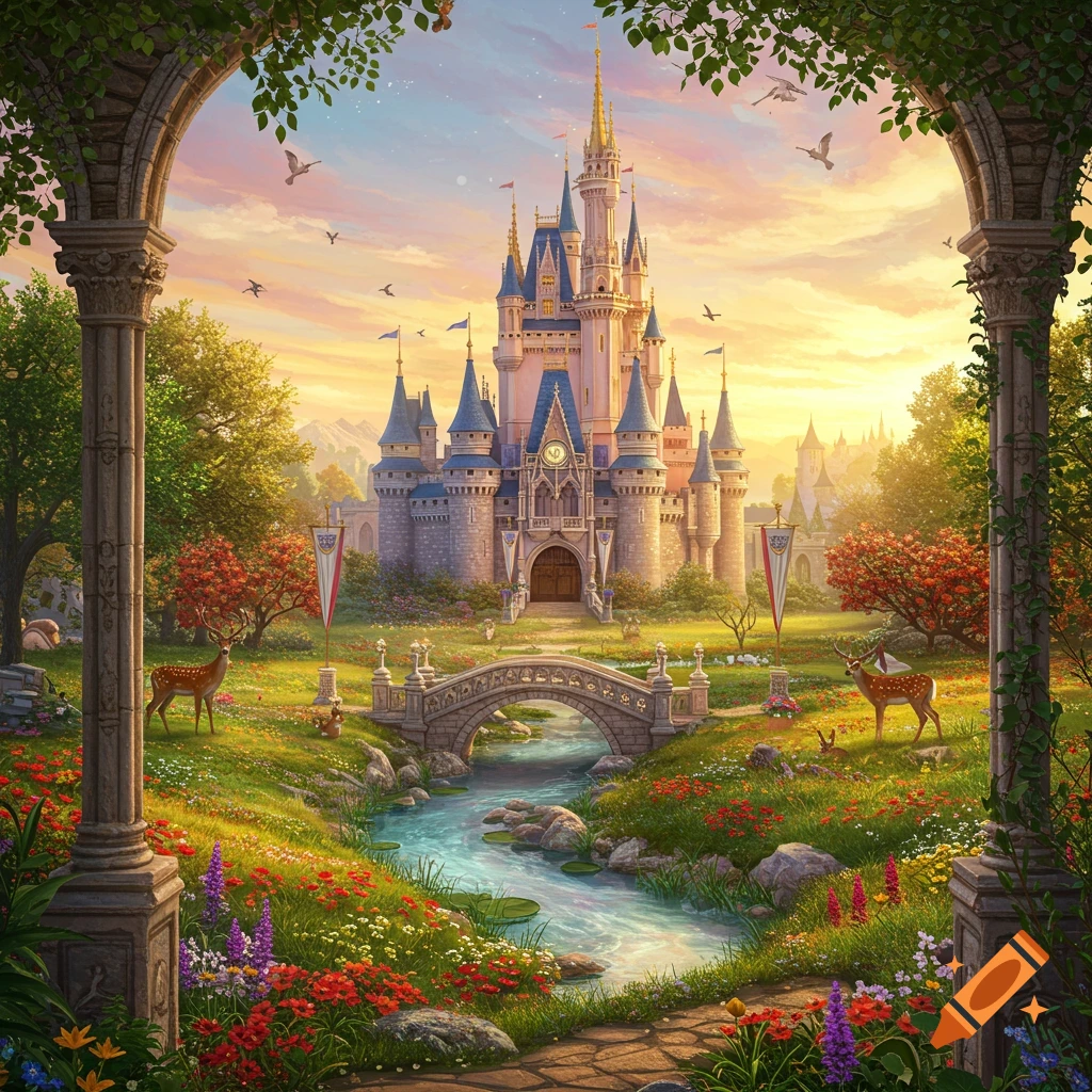 Vibrant fairytale castle landscape at sunset, with a stream, stone bridge, deer, and colorful flowers framed by arches.