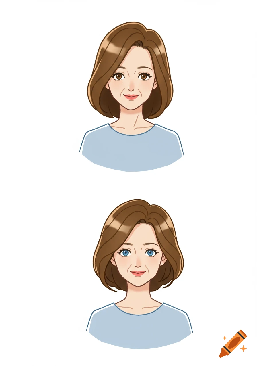 Two cartoon women with bob haircuts, one with brown eyes and the other with blue eyes, both wearing light blue shirts on a white background.