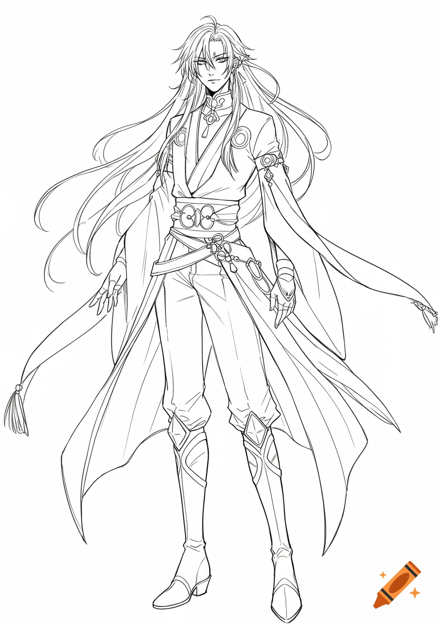 Full-body line art of an anime male character with long hair and an elaborate flowing fantasy outfit.