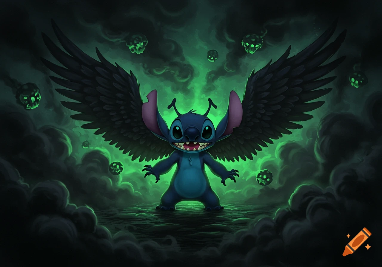 A menacing, winged Stitch with glowing eyes and a wide grin, surrounded by dark smoke and glowing green toxic elements.