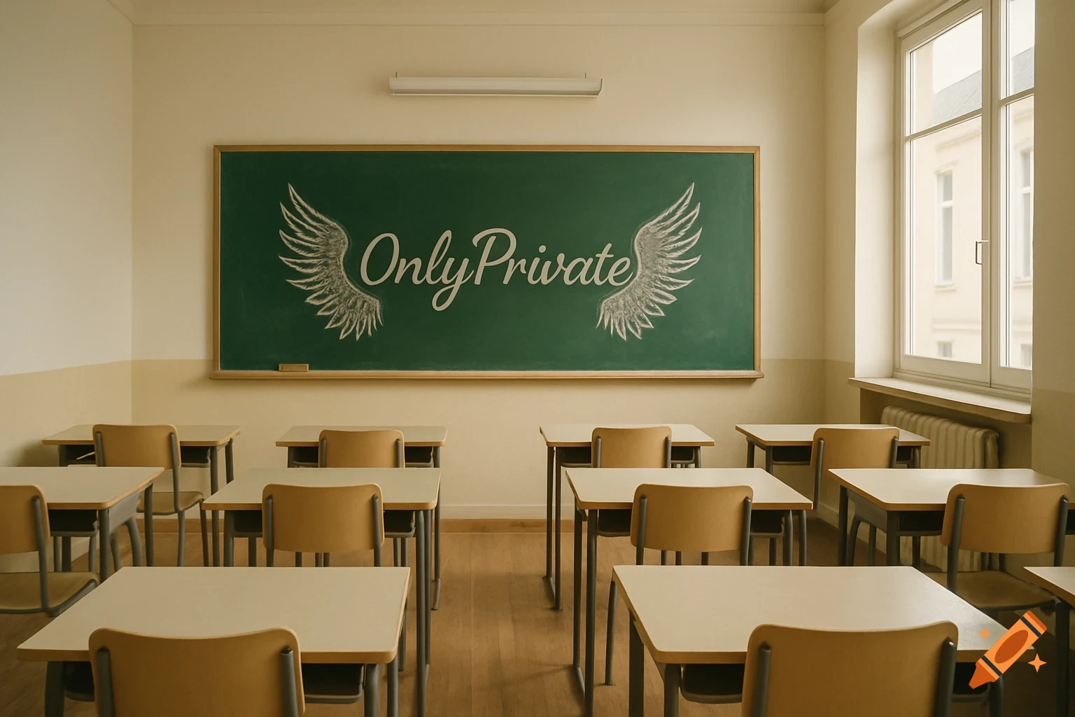 Empty modern classroom with light walls and wooden floor. A green chalkboard displays 'OnlyPrivate' in cursive with symmetrical wings.