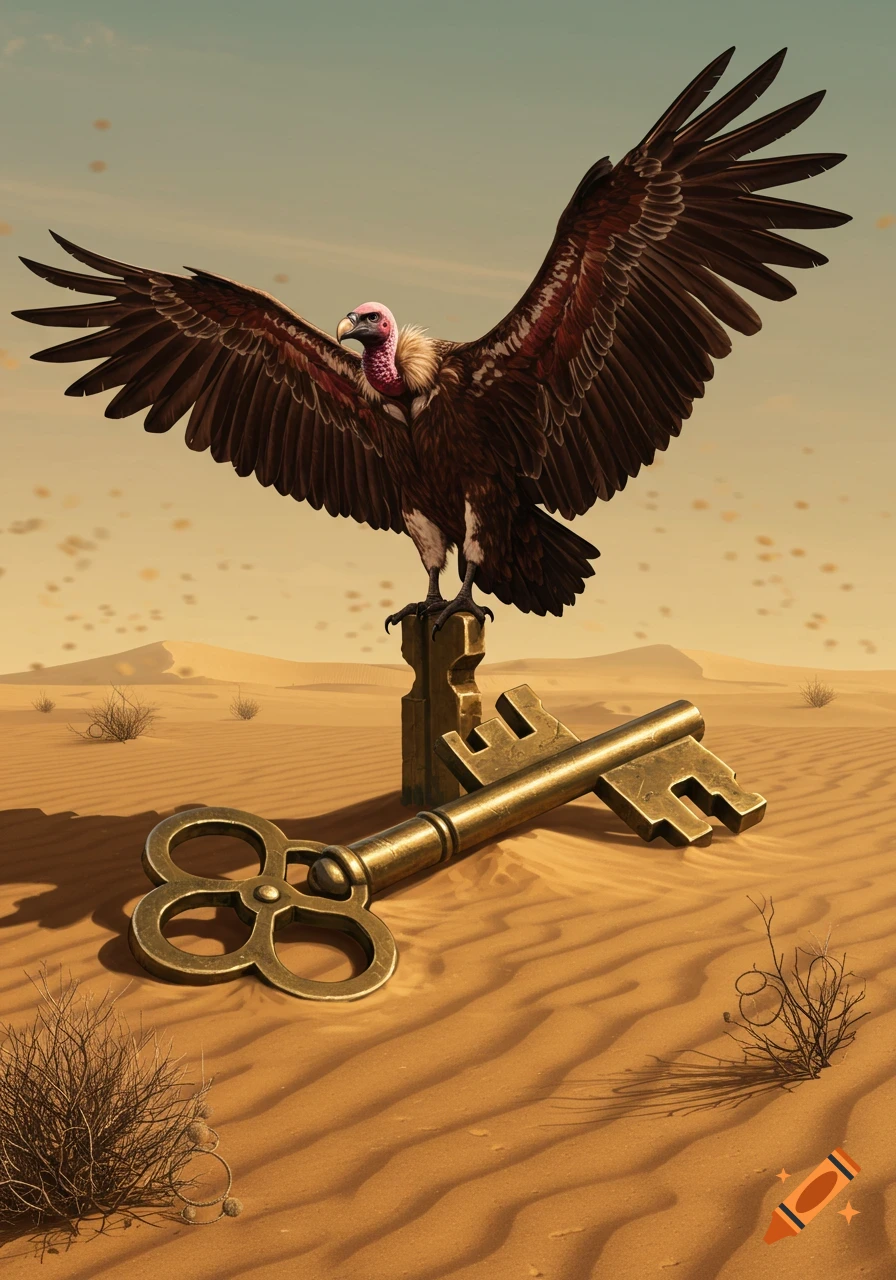 A detailed illustration of a large vulture with spread wings perched on an ornate key in a vast desert landscape.
