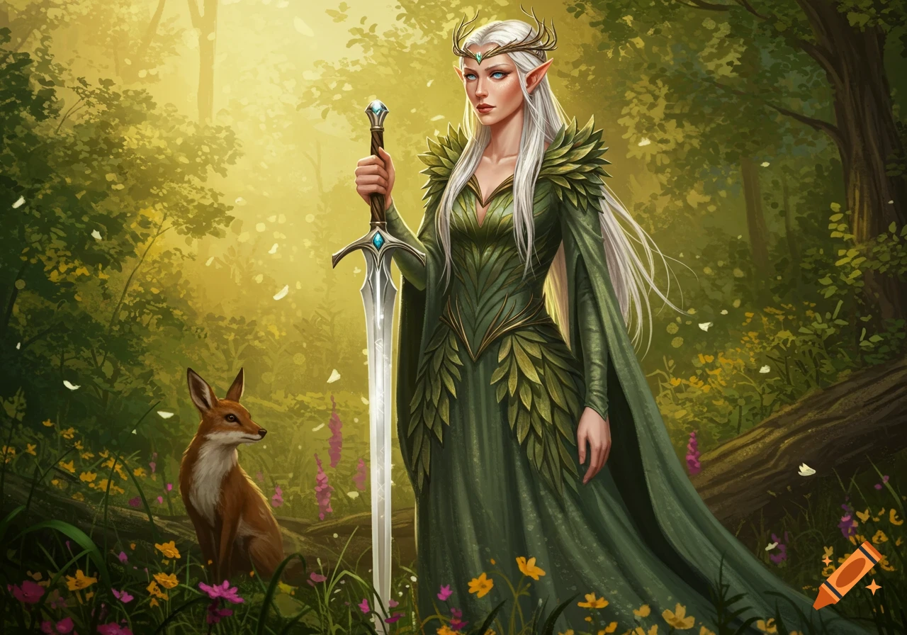 A graceful white-haired elf princess in a leaf-patterned green dress holds a sword in an enchanted forest with a fox nearby. Digital art.