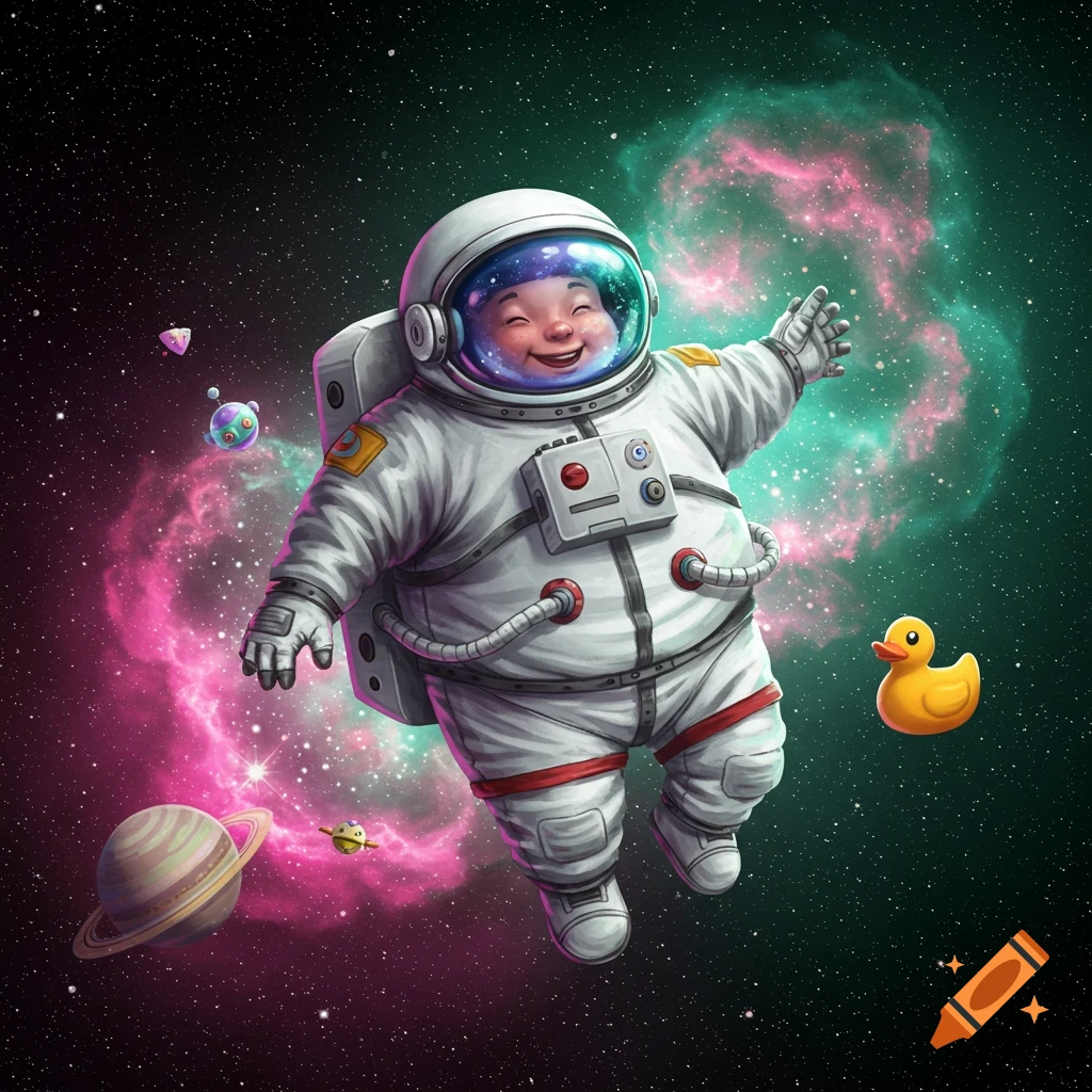 A chubby cartoon baby astronaut floats in space surrounded by nebulae, planets, and a rubber duck in a cheerful illustration style.