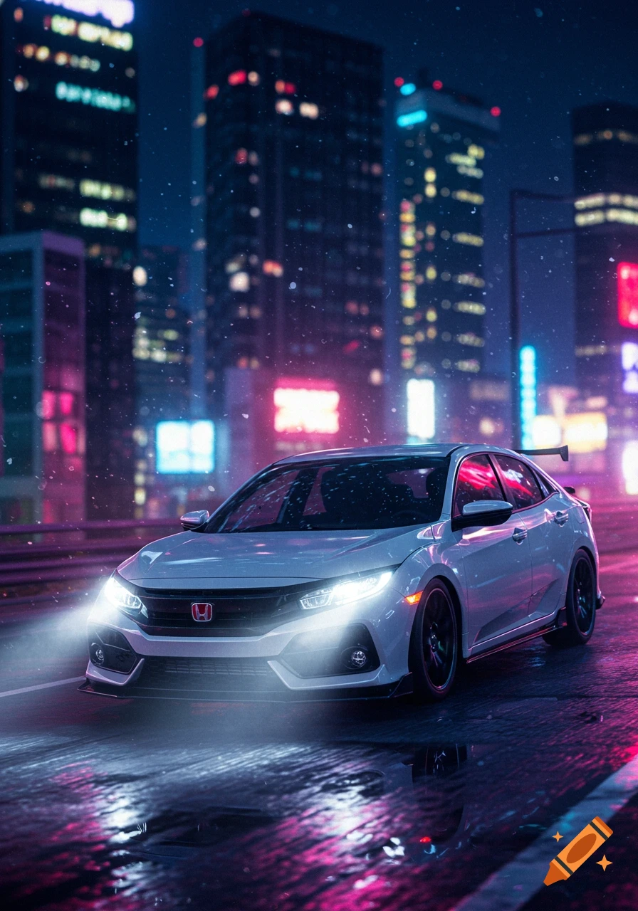 A white Honda Civic drives on a wet city street at night, with bright headlights and colorful neon reflections from blurred city buildings.