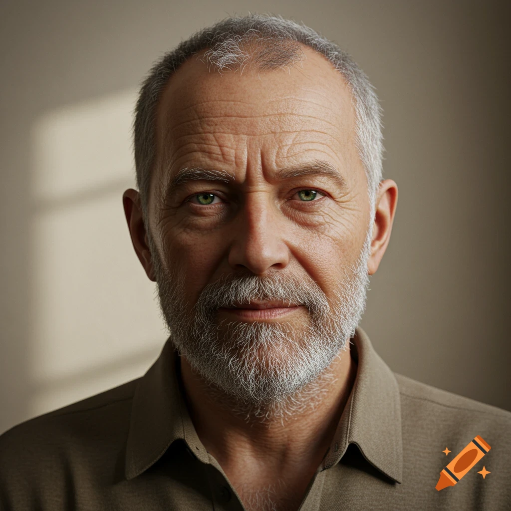 Photorealistic portrait of an older man with grey hair, beard, and green eyes, wearing a brown collared shirt.