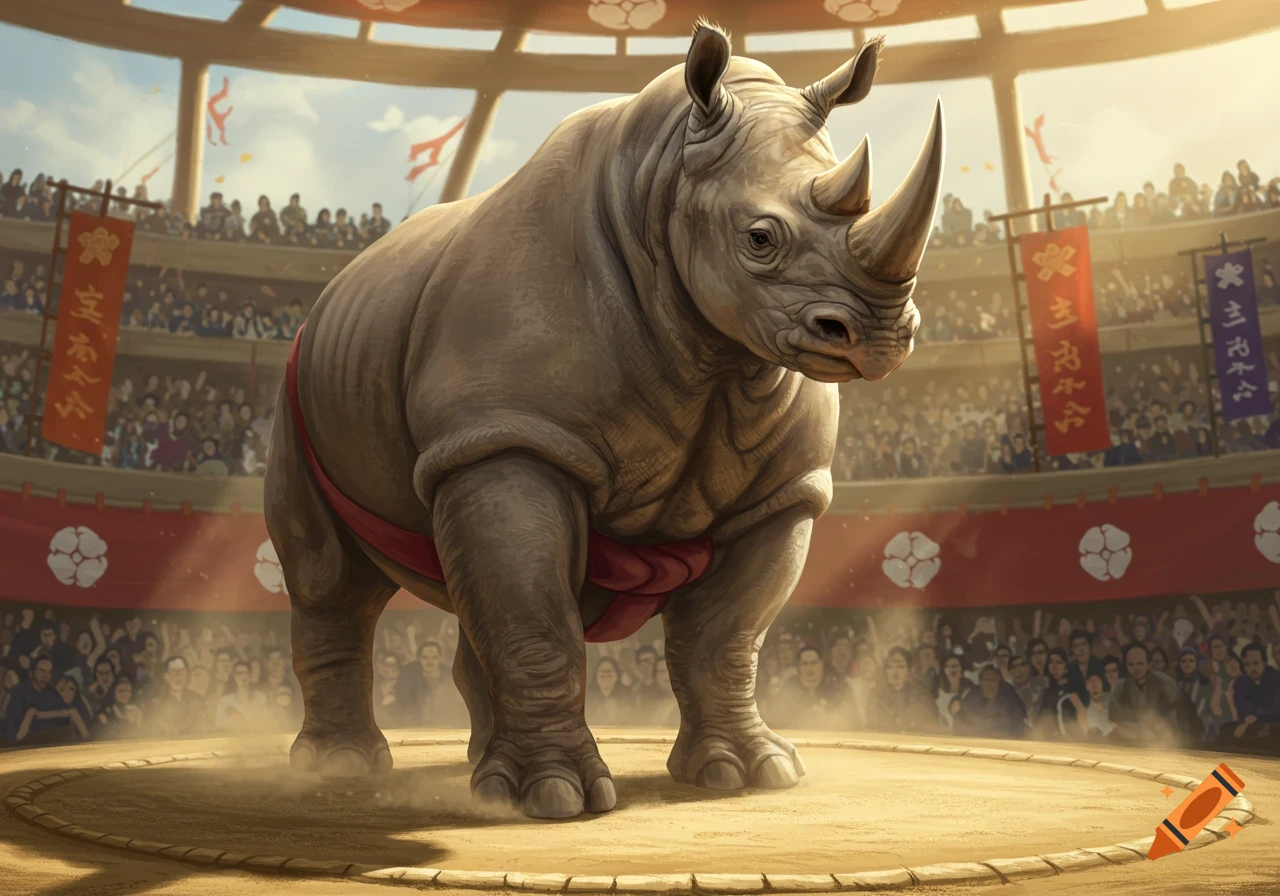 A large rhino wearing a red mawashi stands in a sumo wrestling ring before a cheering crowd in a bright, illustrative style.