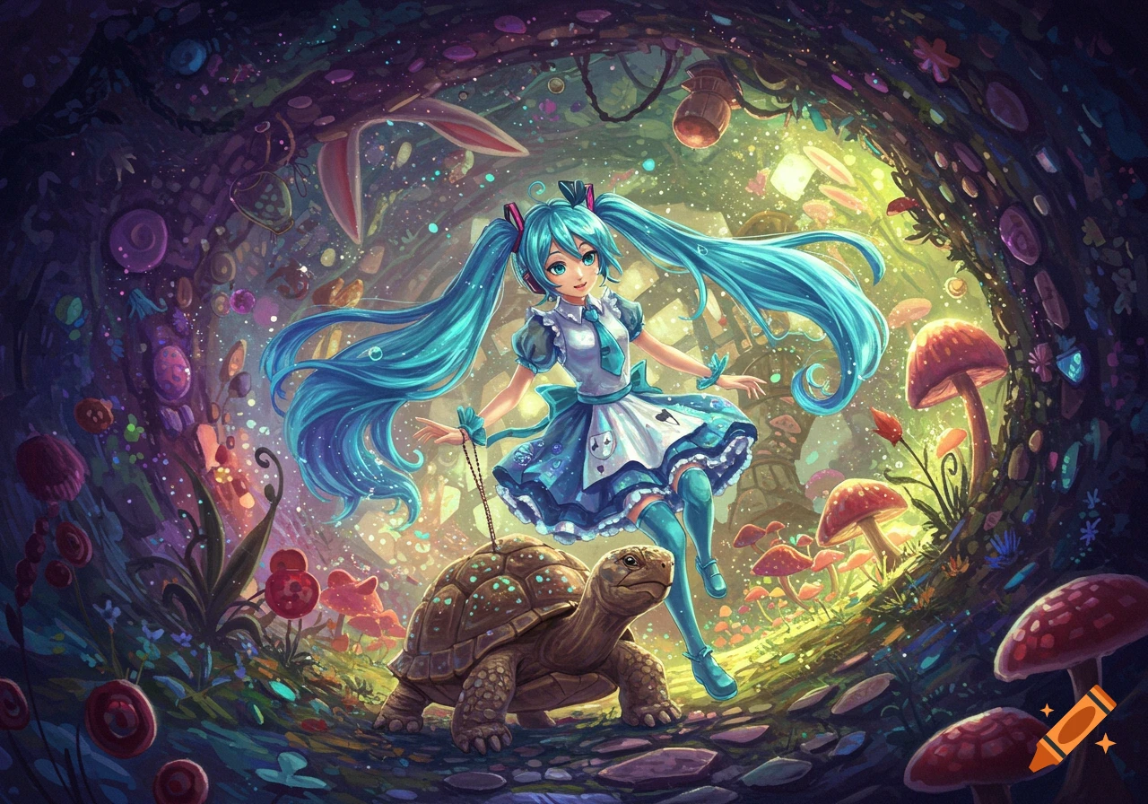 Vibrant anime art of Hatsune Miku in a blue dress leading a tortoise through a whimsical, glowing fantasy forest with large mushrooms.