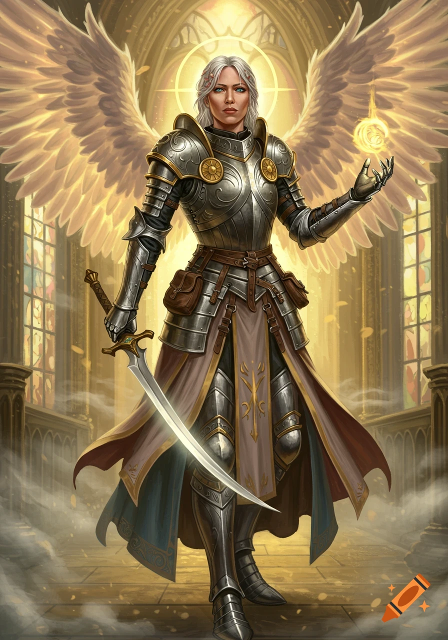 An armored female angelic cleric with white hair and glowing wings stands in a cathedral, holding a sword and a glowing orb.