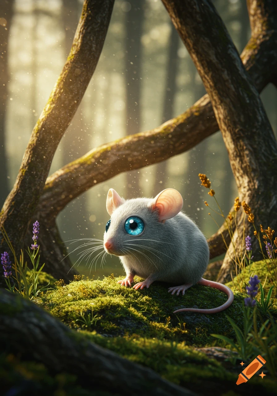 A cute, big-eyed grey mouse sits on moss under sunlit trees in a forest.