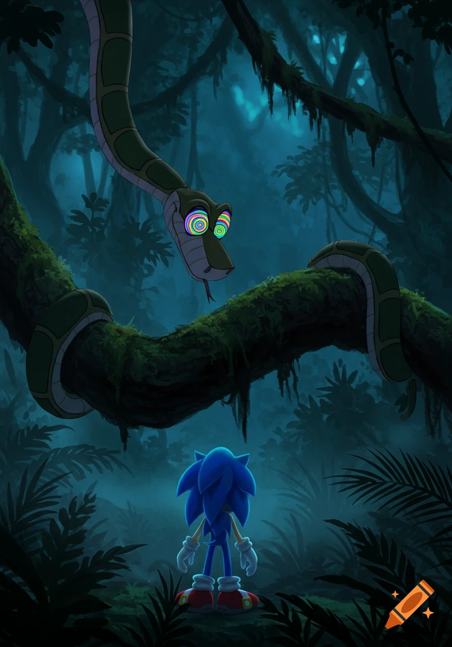 Kaa the snake with spiral, hypnotic eyes, looks down at Sonic the Hedgehog in a dark, misty jungle. Sonic stands with his back to the viewer.
