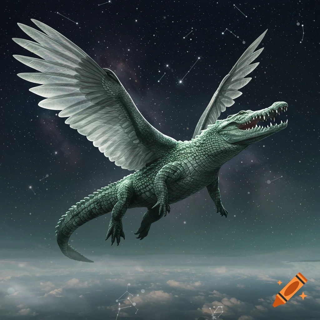 A majestic winged crocodile soars through a dark, starry night sky above a layer of clouds.