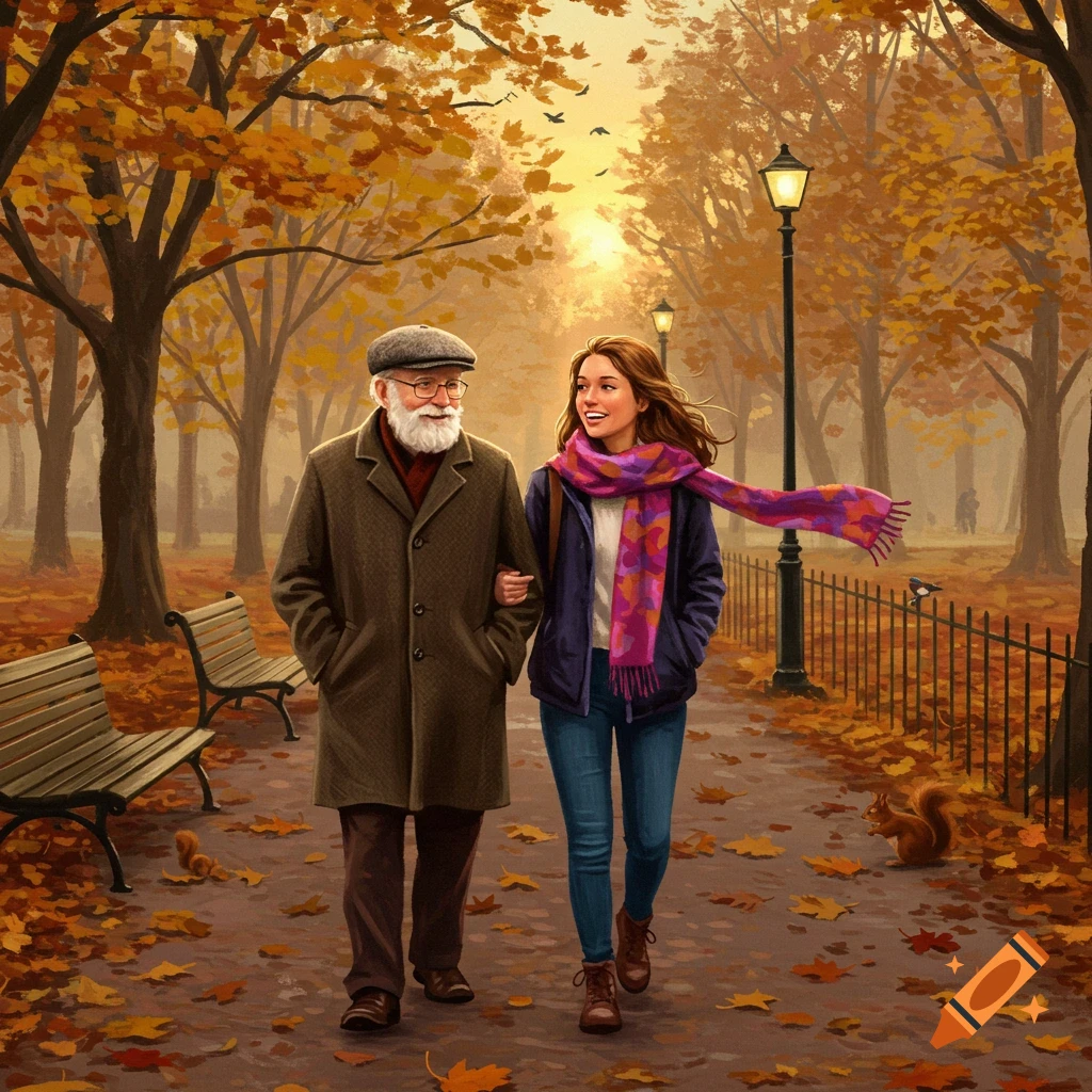 An older man and a younger woman walk arm-in-arm down a path in an autumn park with colorful trees.