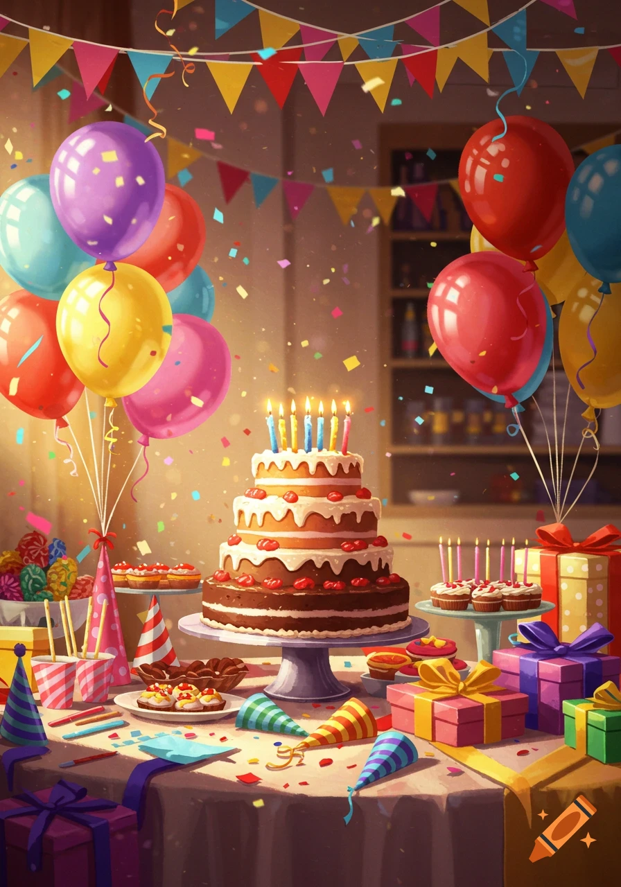 A vibrant birthday party table with a tiered cake, lit candles, colorful balloons, wrapped gifts, cupcakes, and scattered confetti.