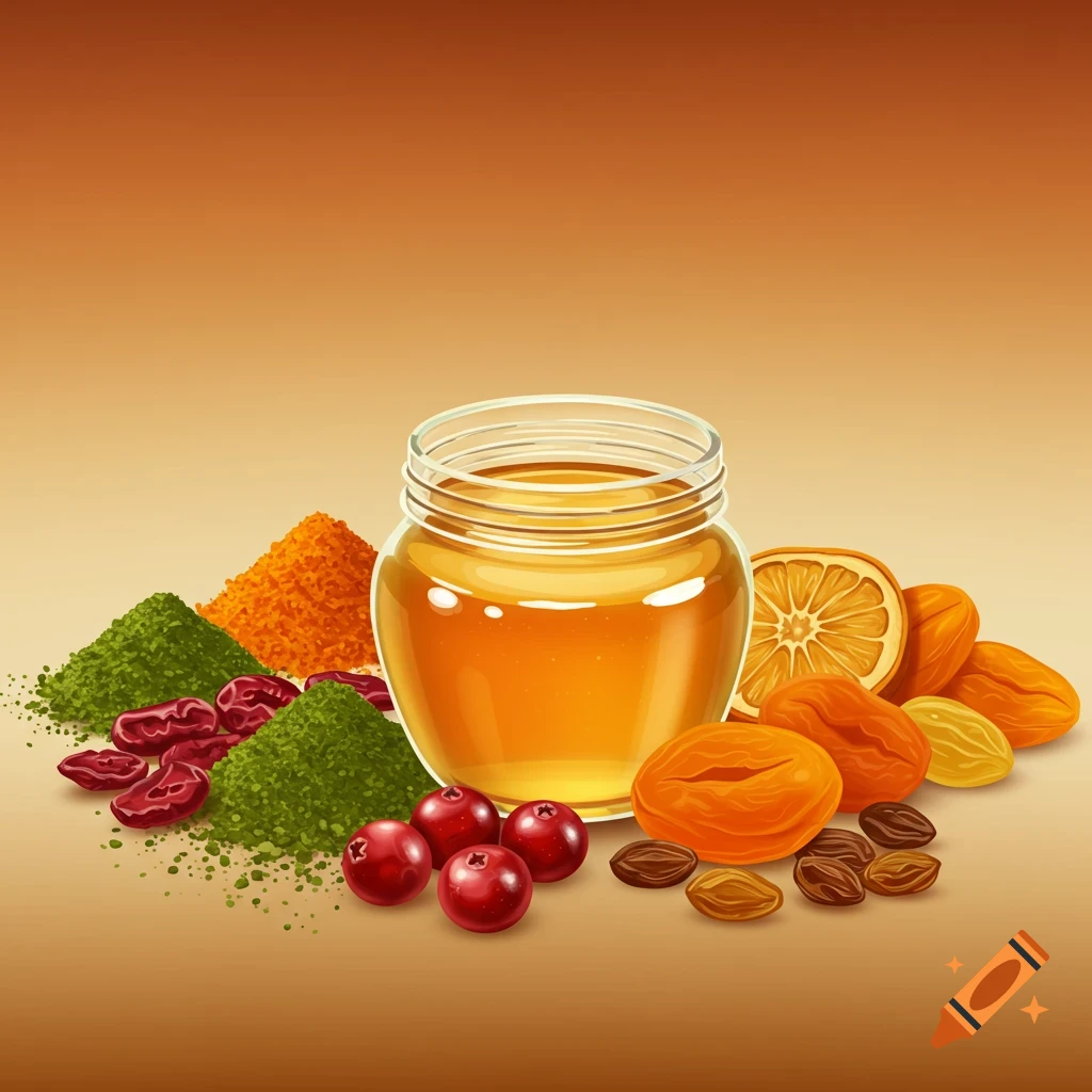 An illustration of a honey jar surrounded by piles of green and orange powders, dried apricots, cranberries, and raisins on a gradient brown background.