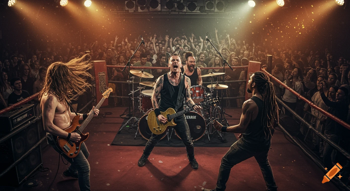 Photorealistic image of an energetic rock band performing on a boxing ring stage for a cheering crowd. Dramatic lighting illuminates the lead singer, guitarists, and drummer.
