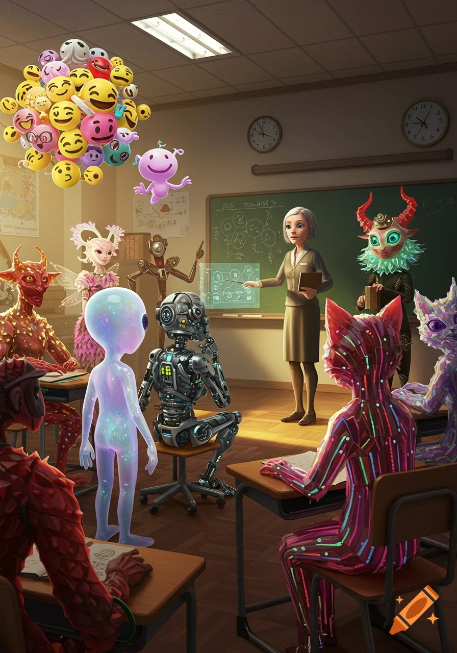 A diverse group of fantasy and sci-fi creatures, including aliens, robots, demons, and fairies, are students in a classroom with a human teacher presenting on a holographic screen. A cluster of emojis floats above.