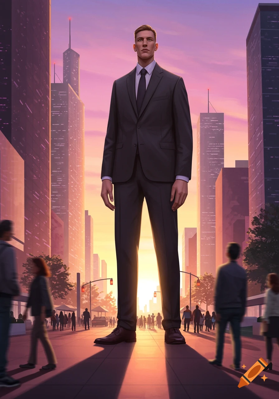 A colossal man in a dark suit stands on a city street at sunset, towering over buildings and small blurry people below.