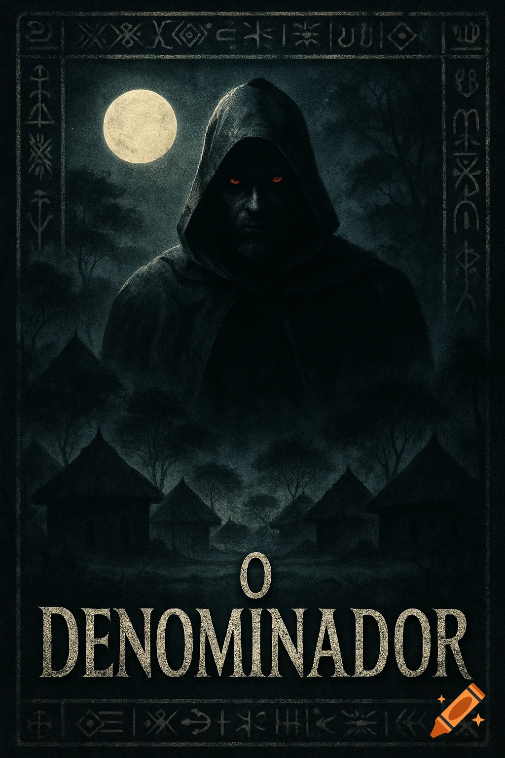 Dark fantasy book cover with a hooded figure, red eyes, tribal symbols, village silhouettes, and a full moon.