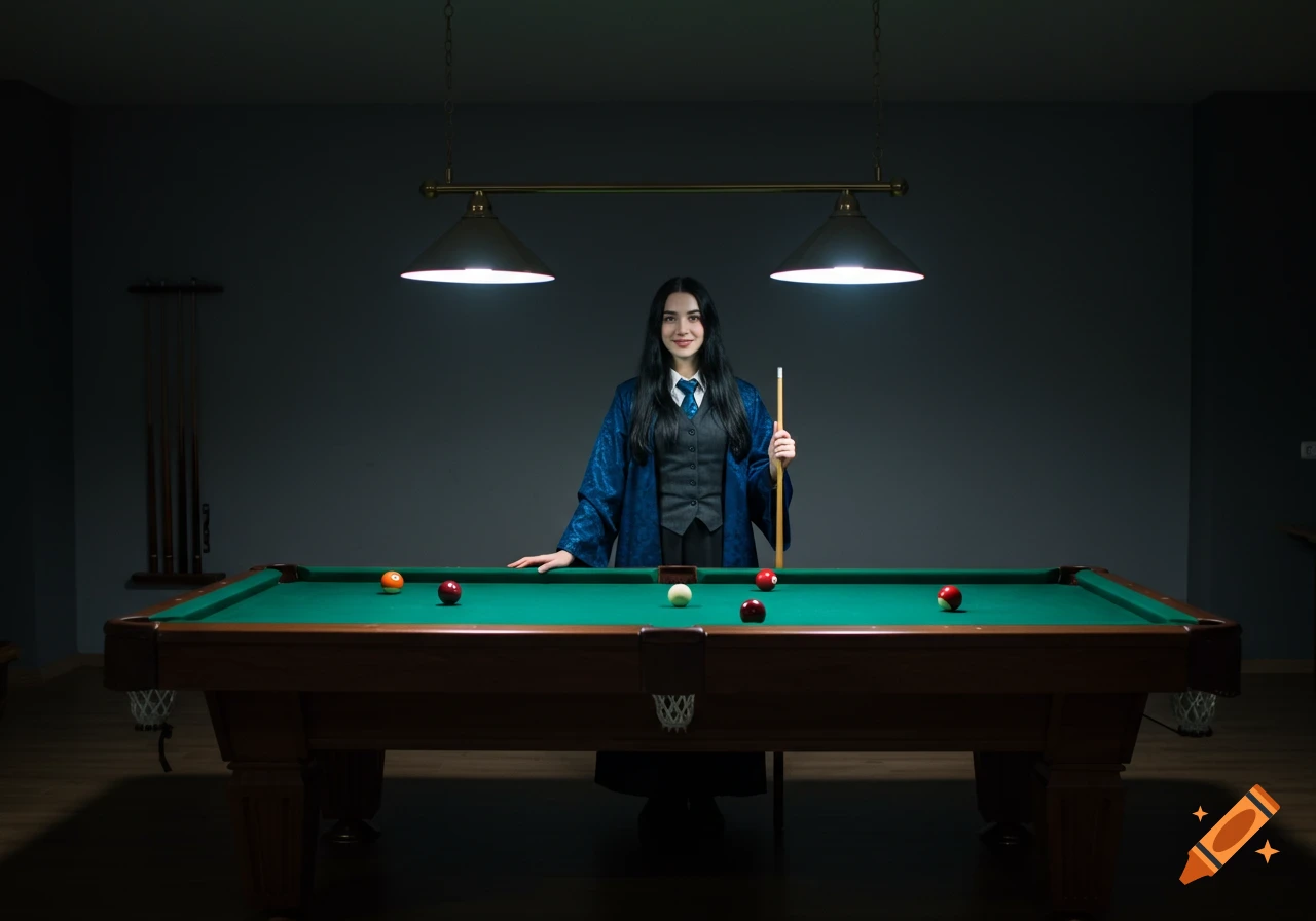 Smiling woman in a blue robe and waistcoat holding a pool cue, standing behind a green pool table in a dimly lit room.
