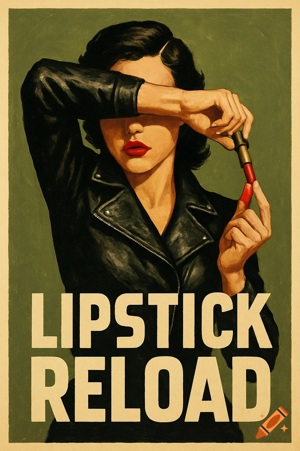 Vintage propaganda poster of a rebellious woman in a leather jacket reloading lipstick like a weapon, with text 'LIPSTICK RELOAD'.