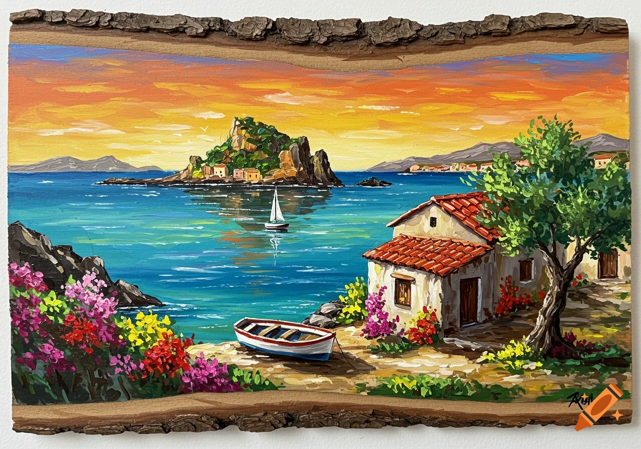 A vibrant painting on a wood bark canvas depicts a Mediterranean seascape at sunset, featuring a rustic house, olive tree, and a small boat on the shore, with a sailboat near a rocky island in the background.