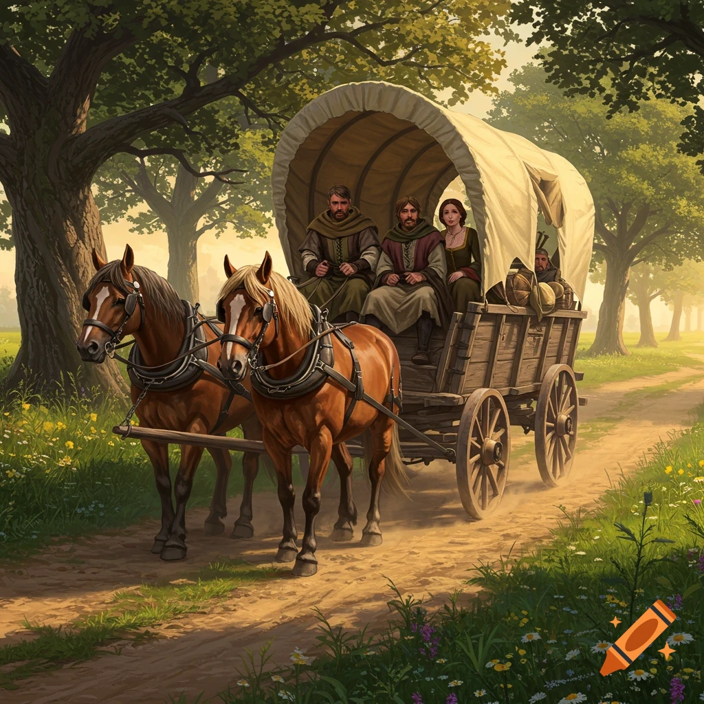 Two brown horses pull a covered wagon carrying four people in medieval clothes on a dirt path through a forest, painted style.
