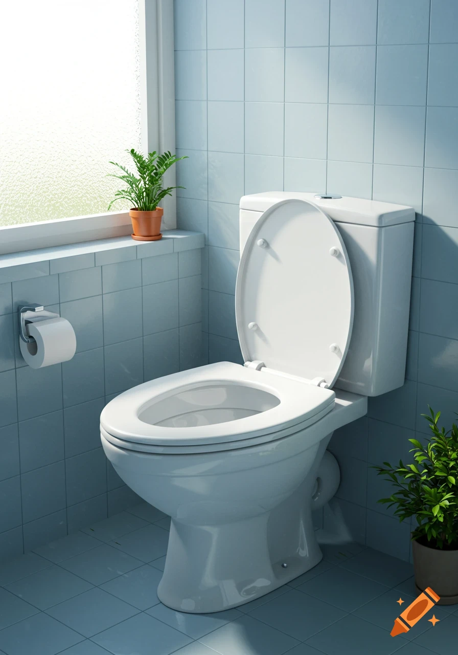 A white toilet with the lid open stands in a clean, light blue tiled bathroom with a window and small potted plants.