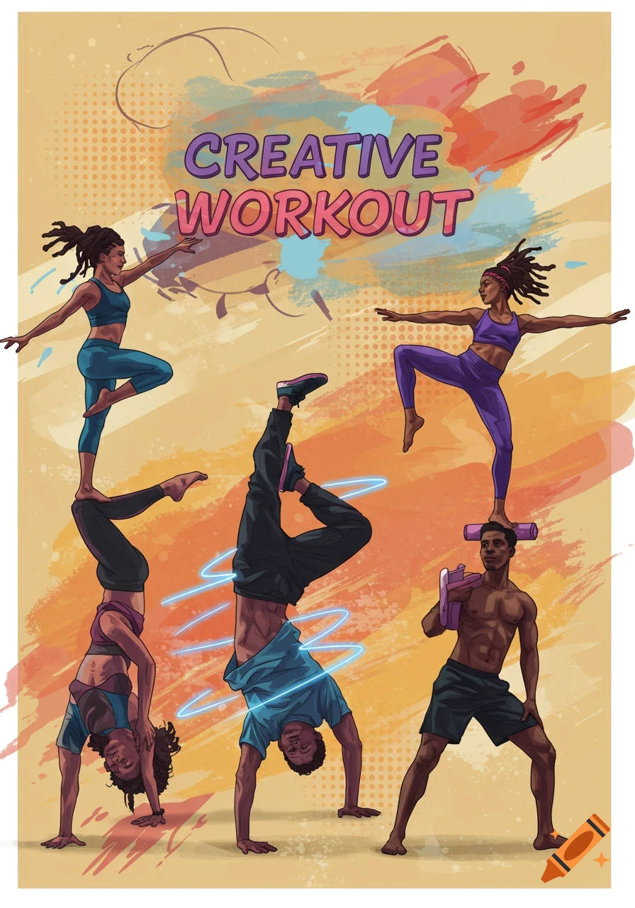 Illustrated poster 'CREATIVE WORKOUT' with five people in dynamic poses, including acro yoga, handstands, and partner exercises.