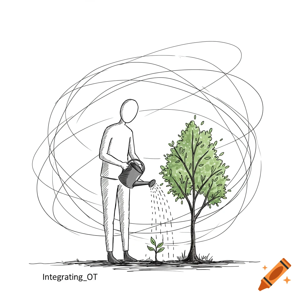 A simple sketch of a faceless person watering a small plant next to a larger tree. Chaotic swirling lines fill the background. 'Integrating_OT' is written at the bottom left.