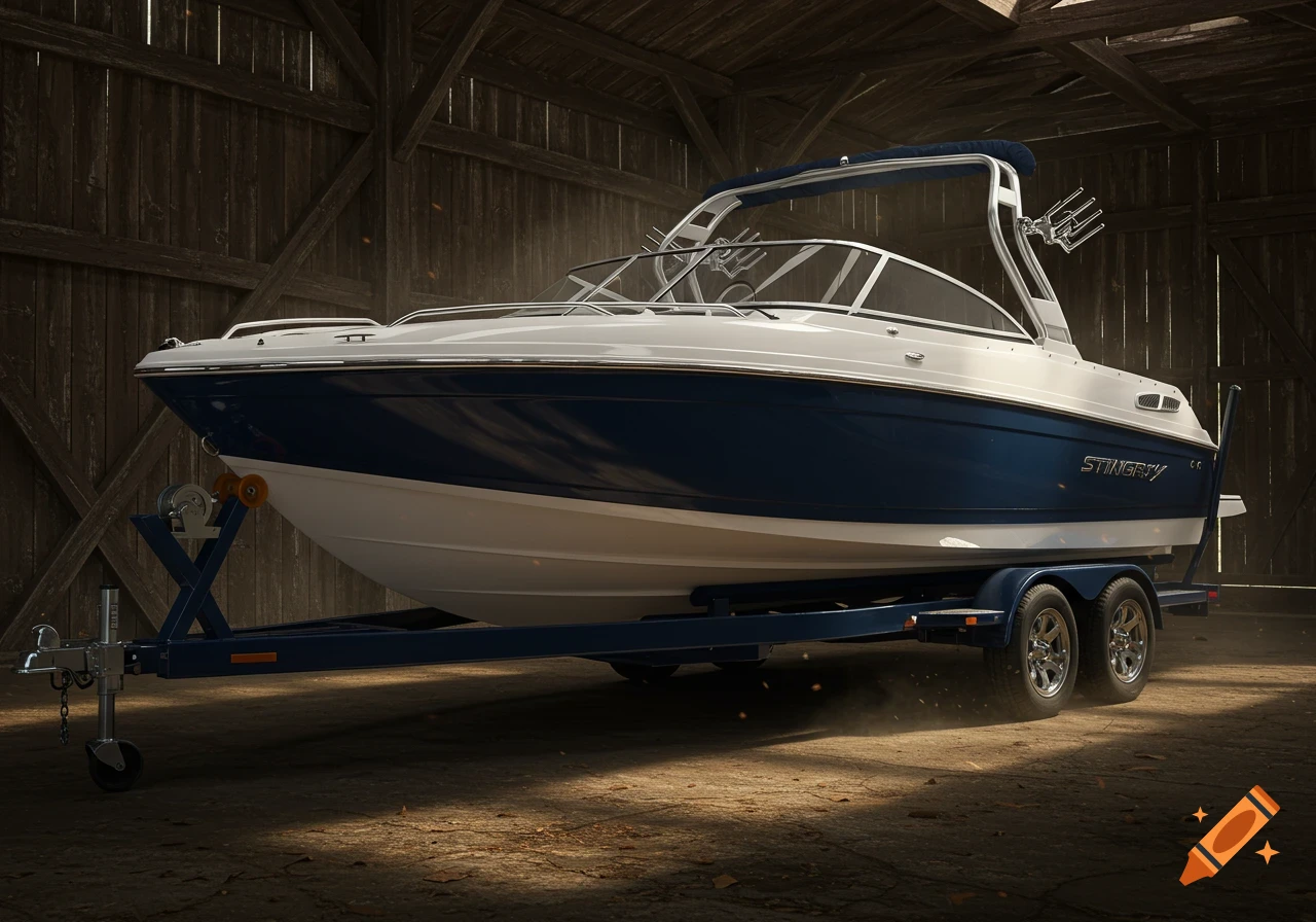 Photorealistic blue and white Stingray boat on a trailer, parked in a rustic wooden barn with dappled sunlight.