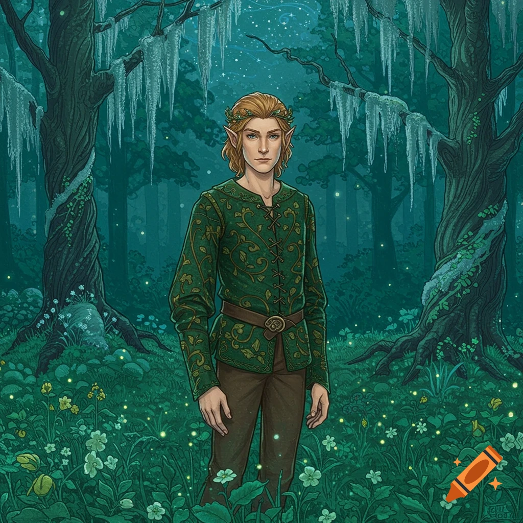 An elf with a leaf crown and a green tunic stands in a magical, glowing forest at twilight, in an illustration style.