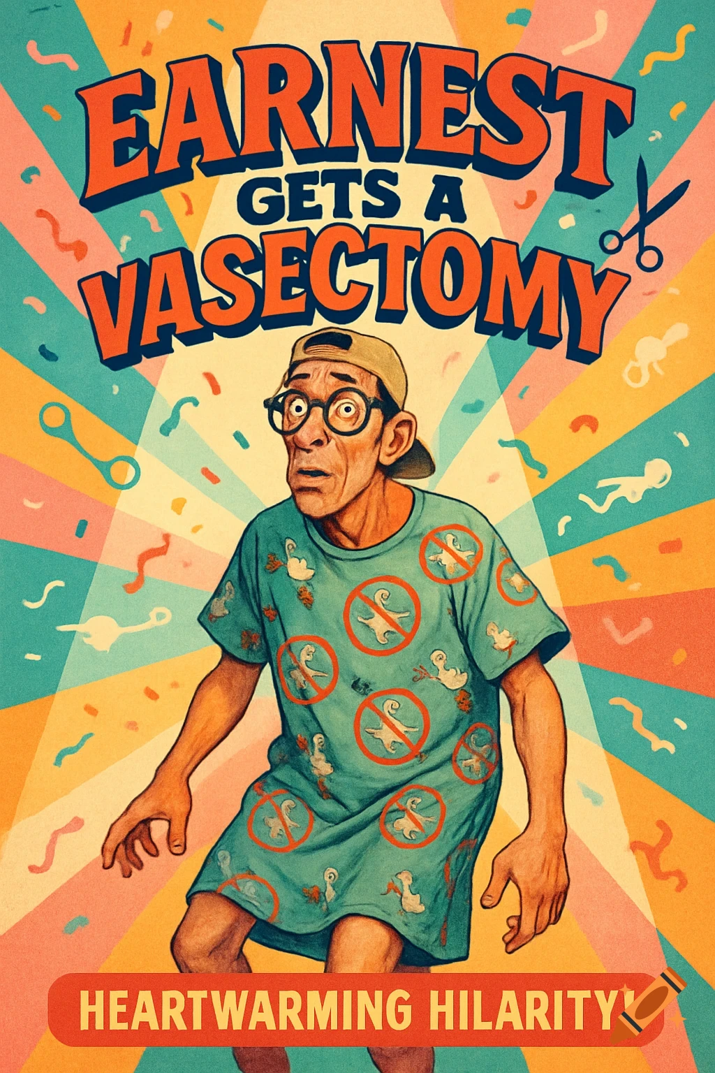 A retro-style poster for 'EARNEST GETS A VASECTOMY' showing a shocked man in a hospital gown, surrounded by stylized sperm and surgical tools.