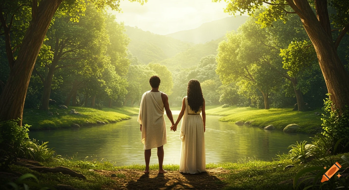 Adam and Eve of African descent stand hand-in-hand by a river in a lush, sunlit Eden-like garden. Cinematic realism.
