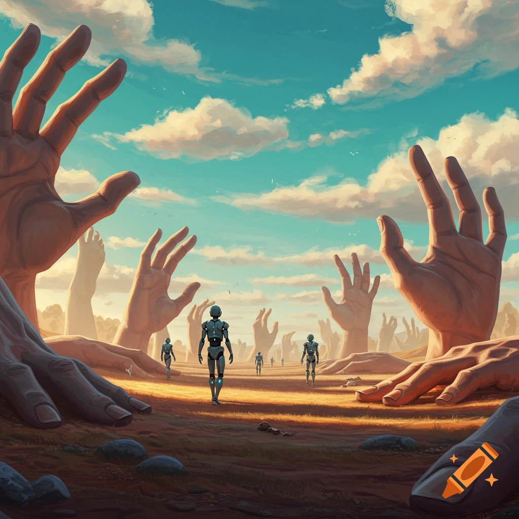 Robots walk through a surreal landscape dominated by giant hands and feet under a cloudy sky.