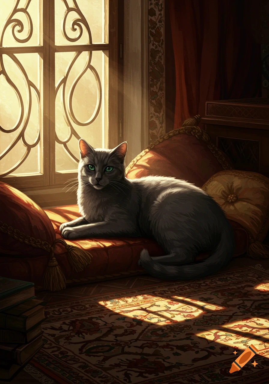 A grey cat with luminous green eyes lounges on a red cushioned window seat, basking in sunlight through an ornate window, casting shadows on a patterned rug.