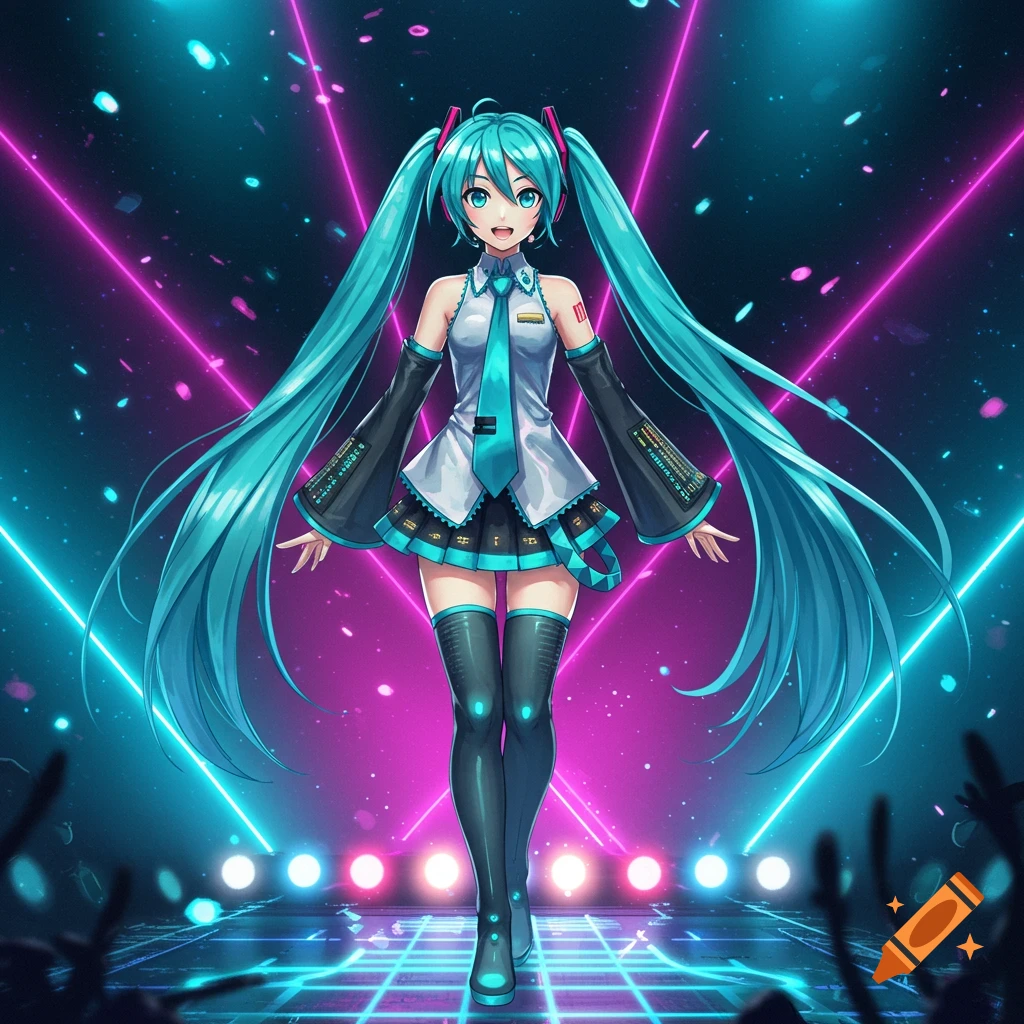Hatsune Miku on a stage with vibrant blue and pink neon lights.