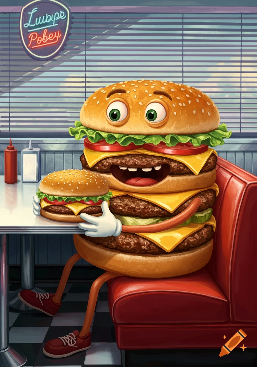 A large cartoon cheeseburger with eyes and a mouth sits in a diner booth, holding and looking at a smaller cheeseburger.