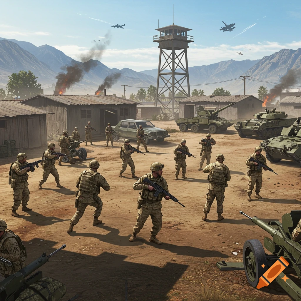 Military training ground with soldiers, tanks, artillery, and shacks under a watchtower, mountains in the background.