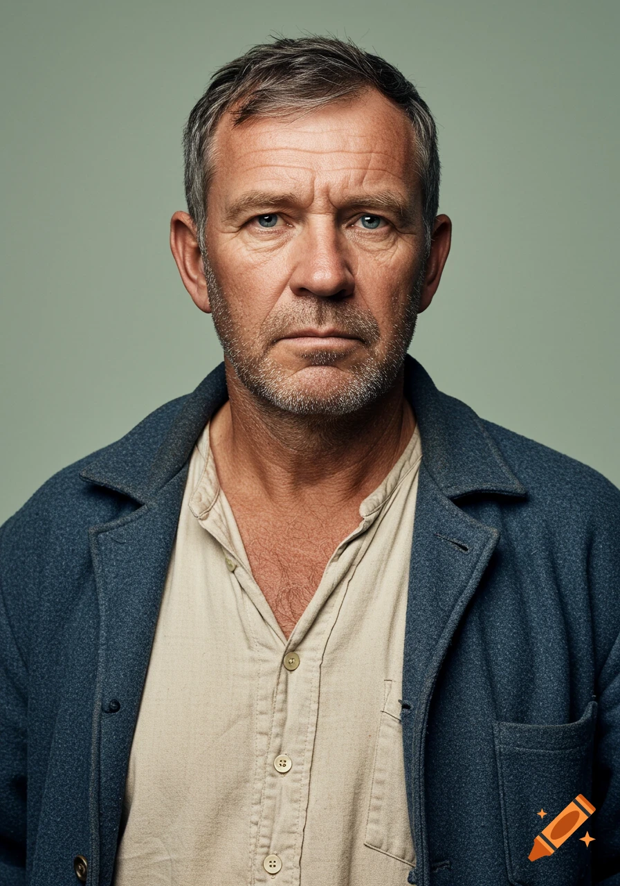 Photorealistic portrait of a serious middle-aged man with a beard, wearing a beige shirt and blue-grey jacket against a muted green background.