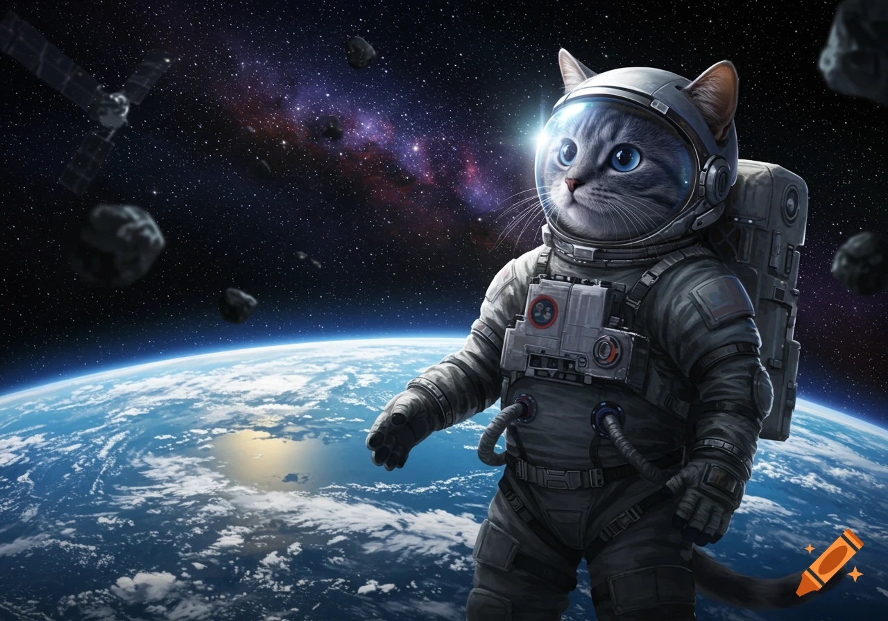 A photorealistic gray tabby cat in an astronaut suit floats in space, looking up. Earth, stars, asteroids, and a satellite are in the background.
