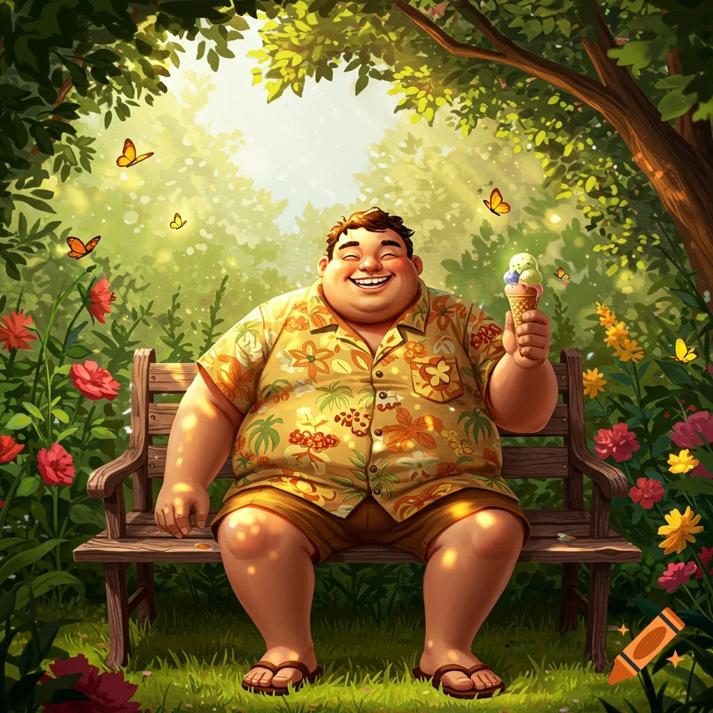 Cheerful overweight man in a Hawaiian shirt sitting on a park bench, eating ice cream in a sunny garden with butterflies.