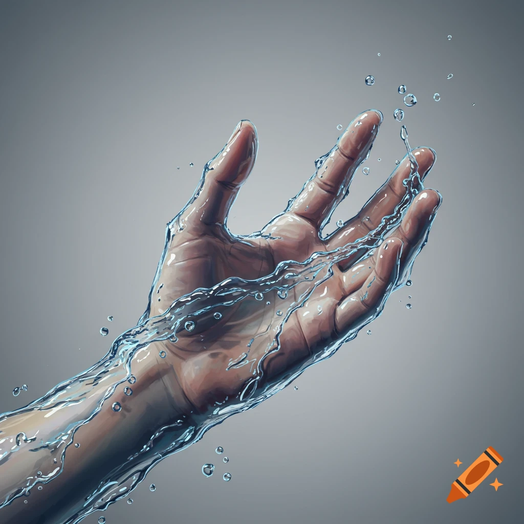 A human hand with water flowing and splashing around it, against a simple gray background, rendered in a detailed artistic style.