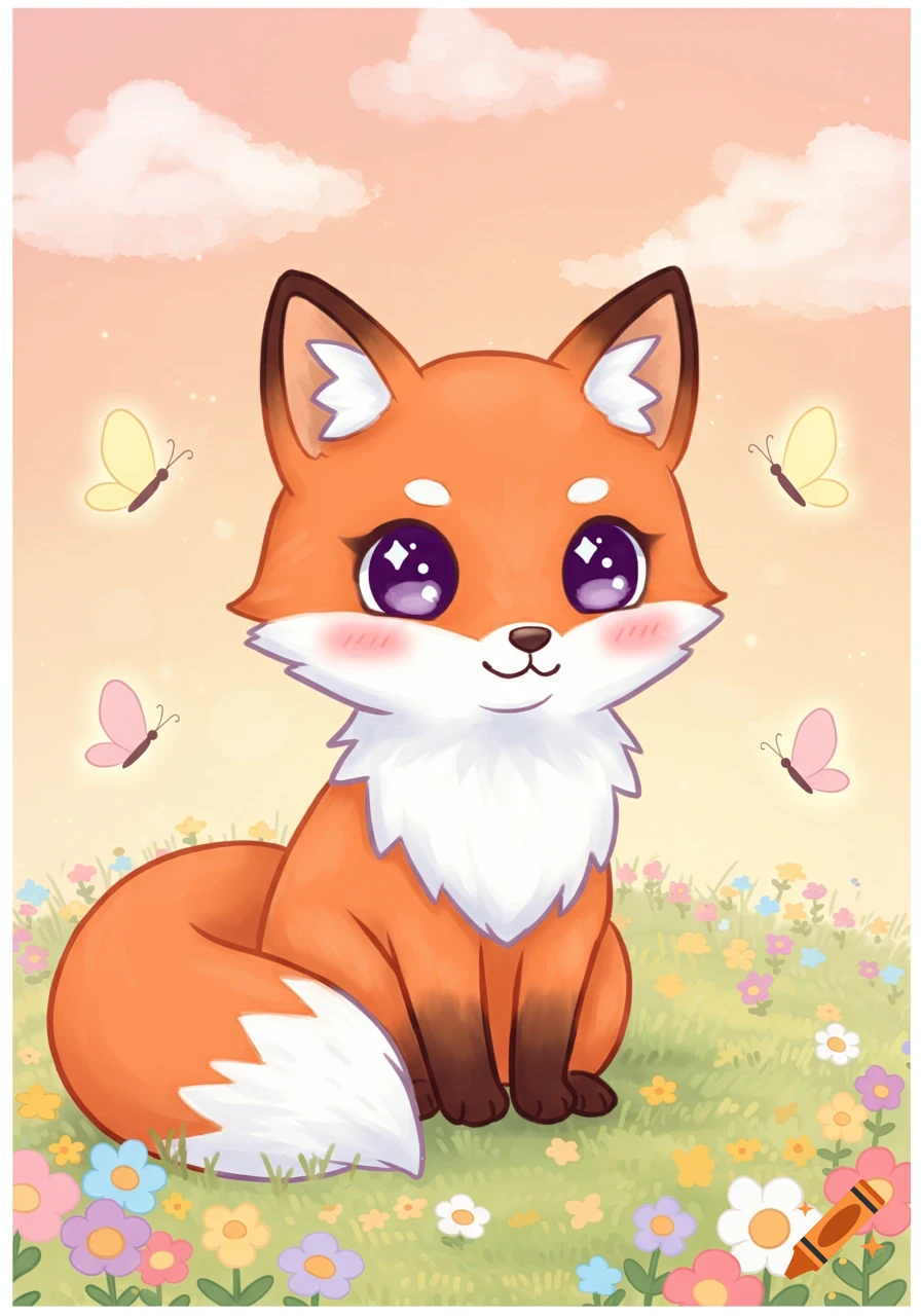 A cute kawaii fox with large purple eyes sits in a vibrant field of colorful flowers under a soft pink and orange sky with glowing butterflies.