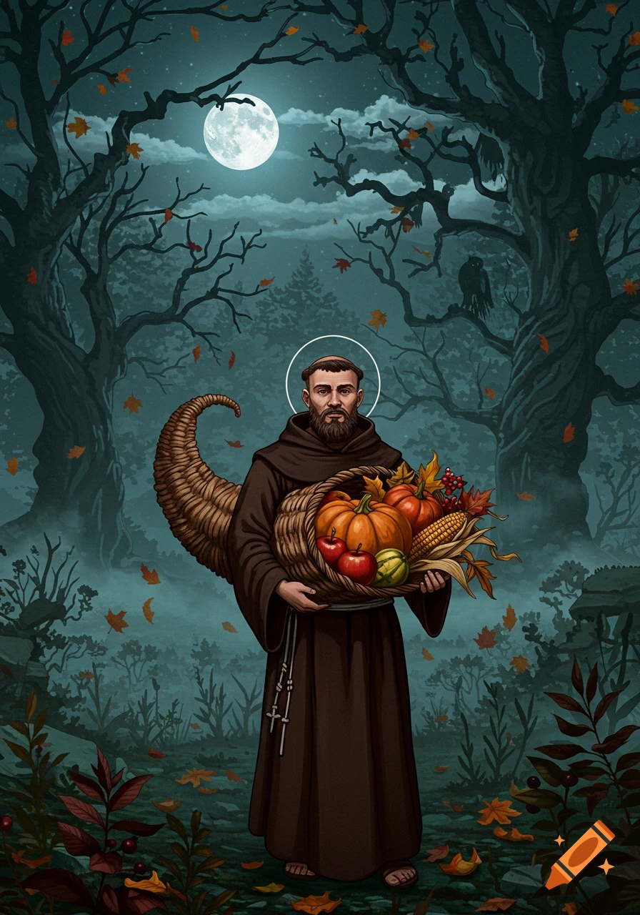 A haloed prior holds a cornucopia and a basket of harvest produce in a spooky autumn night forest under a full moon.