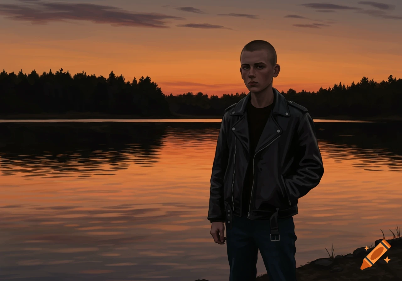 A young person with a shaved head and a black leather jacket stands by a lake at sunset, with dark trees in the background.