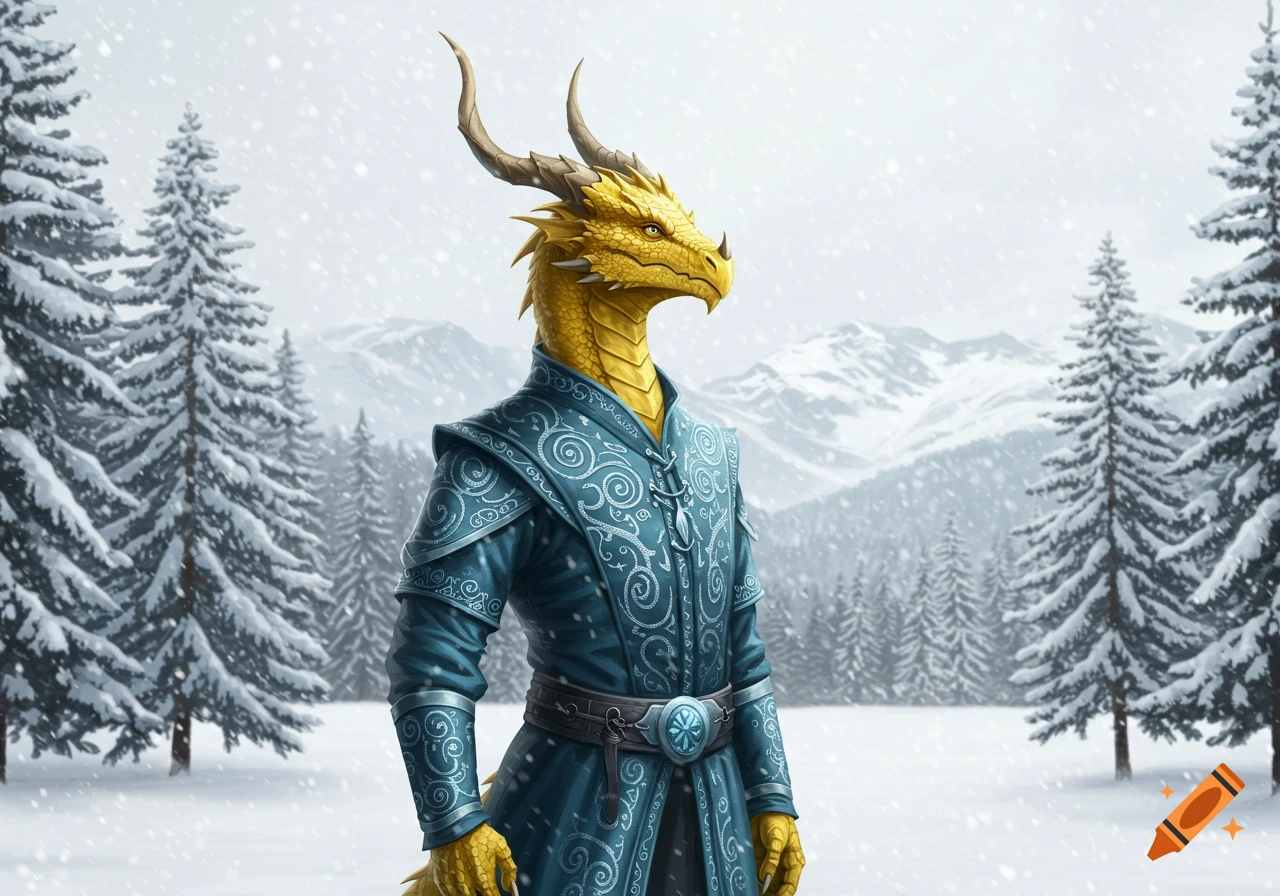 A golden dragonborn wearing an ornate blue coat stands in a snowy forest with mountains in the distance.