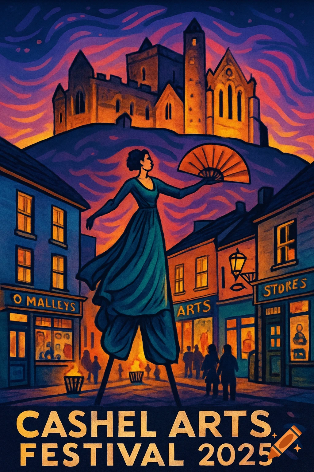 Graphic poster for Cashel Arts Festival 2025 with a stilt walker, town street, and castle under a vibrant sunset.